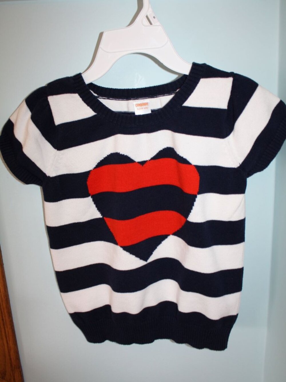 Gymboree Girls Size L 10-12 Prep Perfect Blue Striped Red Heart SS Sweater EUC